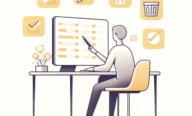 Flat illustration of a person at a desk reviewing a list of records on a computer screen, surrounded by icons for approving, editing, and deleting entries.